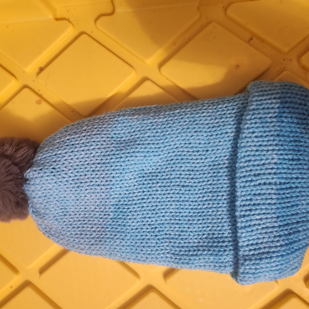 New! Hand Knitted Blue Knit Kids Beanie with Pom Pom